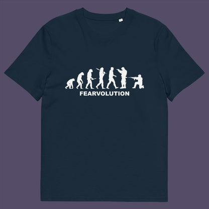 French navy t-shirt. This satirical 'theory of evolution' t-shirt displays an alternative view of how we may evolve from here on. Fear is holding us back, fear of change. Made from 100% organic ring-spun cotton, this philosophy t-shirt is unisex, high-quality, super comfy, and best of all, eco-friendly.
