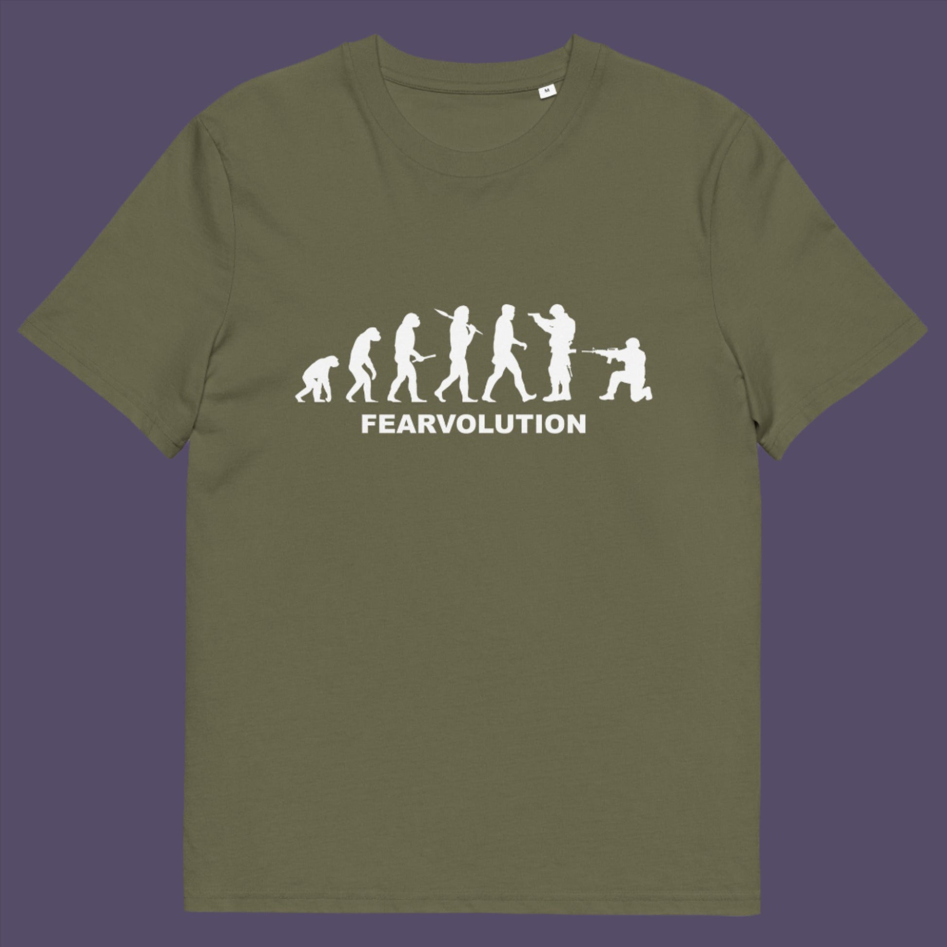 Khaki t-shirt. This satirical 'theory of evolution' t-shirt displays an alternative view of how we may evolve from here on. Fear is holding us back, fear of change. Made from 100% organic ring-spun cotton, this philosophy t-shirt is unisex, high-quality, super comfy, and best of all, eco-friendly.