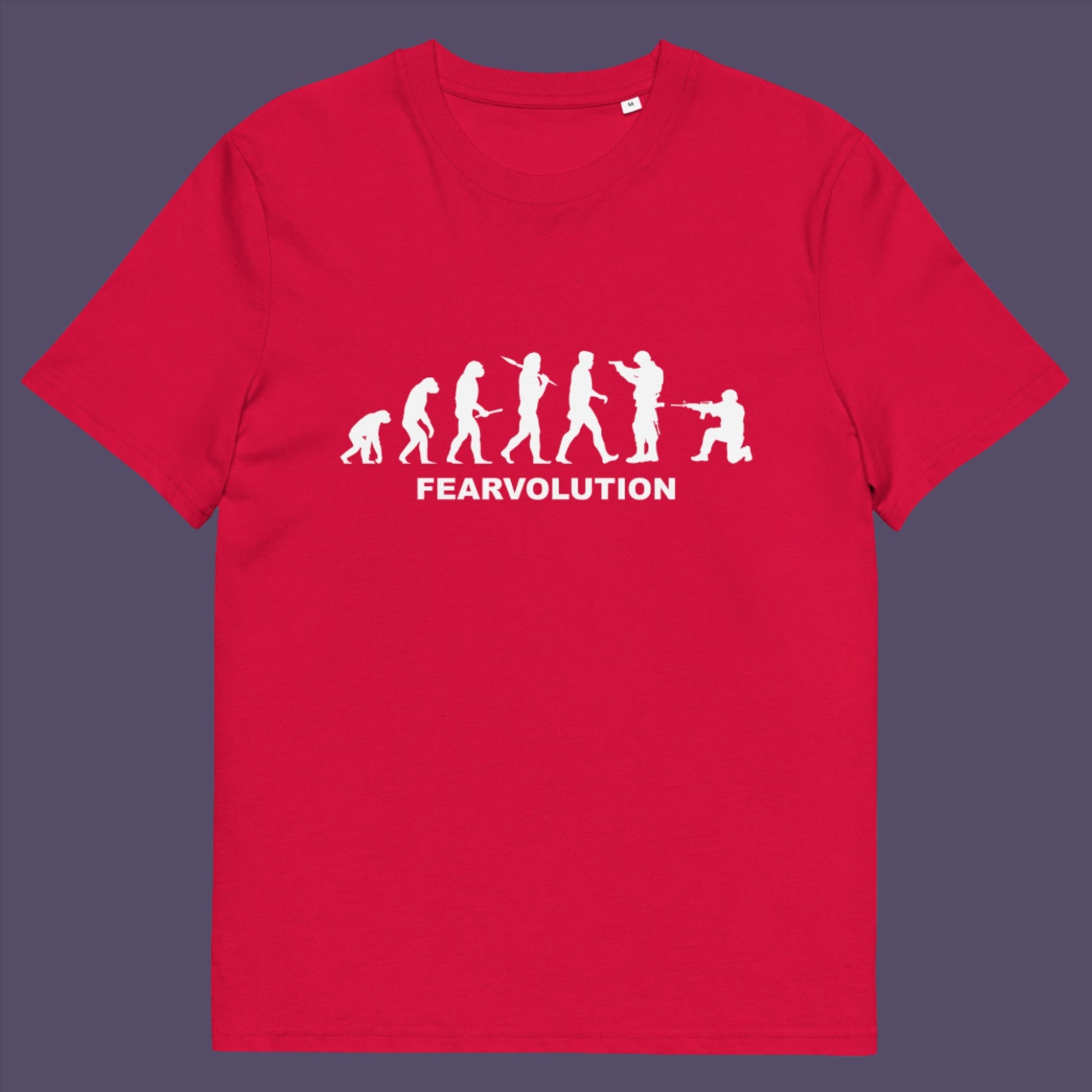 Red t-shirt. This satirical 'theory of evolution' t-shirt displays an alternative view of how we may evolve from here on. Fear is holding us back, fear of change. Made from 100% organic ring-spun cotton, this philosophy t-shirt is unisex, high-quality, super comfy, and best of all, eco-friendly.
