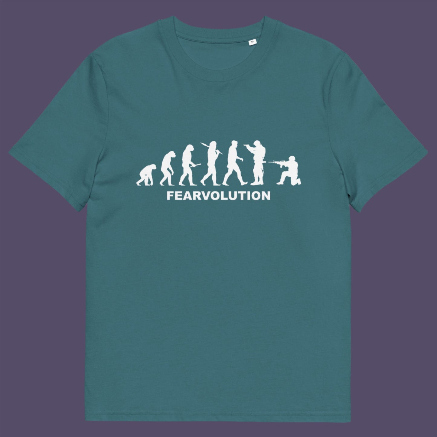 Stargazer t-shirt. This satirical 'theory of evolution' t-shirt displays an alternative view of how we may evolve from here on. Fear is holding us back, fear of change. Made from 100% organic ring-spun cotton, this philosophy t-shirt is unisex, high-quality, super comfy, and best of all, eco-friendly.