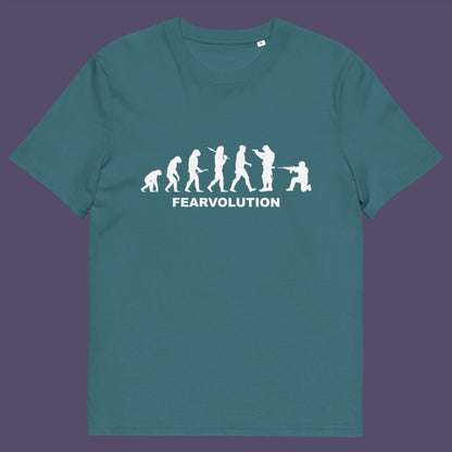Stargazer t-shirt. This satirical 'theory of evolution' t-shirt displays an alternative view of how we may evolve from here on. Fear is holding us back, fear of change. Made from 100% organic ring-spun cotton, this philosophy t-shirt is unisex, high-quality, super comfy, and best of all, eco-friendly.