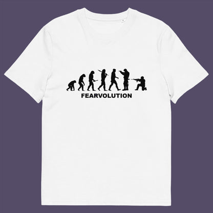 White t-shirt. This satirical 'theory of evolution' t-shirt displays an alternative view of how we may evolve from here on. Fear is holding us back, fear of change. Made from 100% organic ring-spun cotton, this philosophy t-shirt is unisex, high-quality, super comfy, and best of all, eco-friendly.