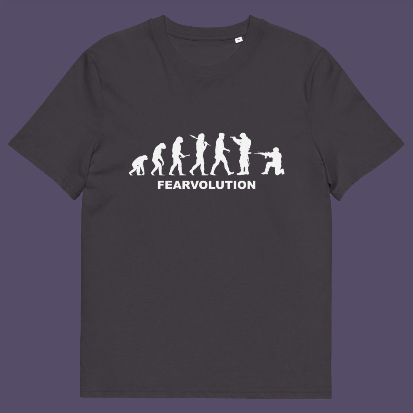 Anthracite t-shirt. This social issues t-shirt displays an alternative view of how we may evolve from here on. Fear is holding us back, fear of change. Made from 100% organic ring-spun cotton, this emotional intelligence t-shirt is unisex, high-quality, super comfy, and best of all, eco-friendly.