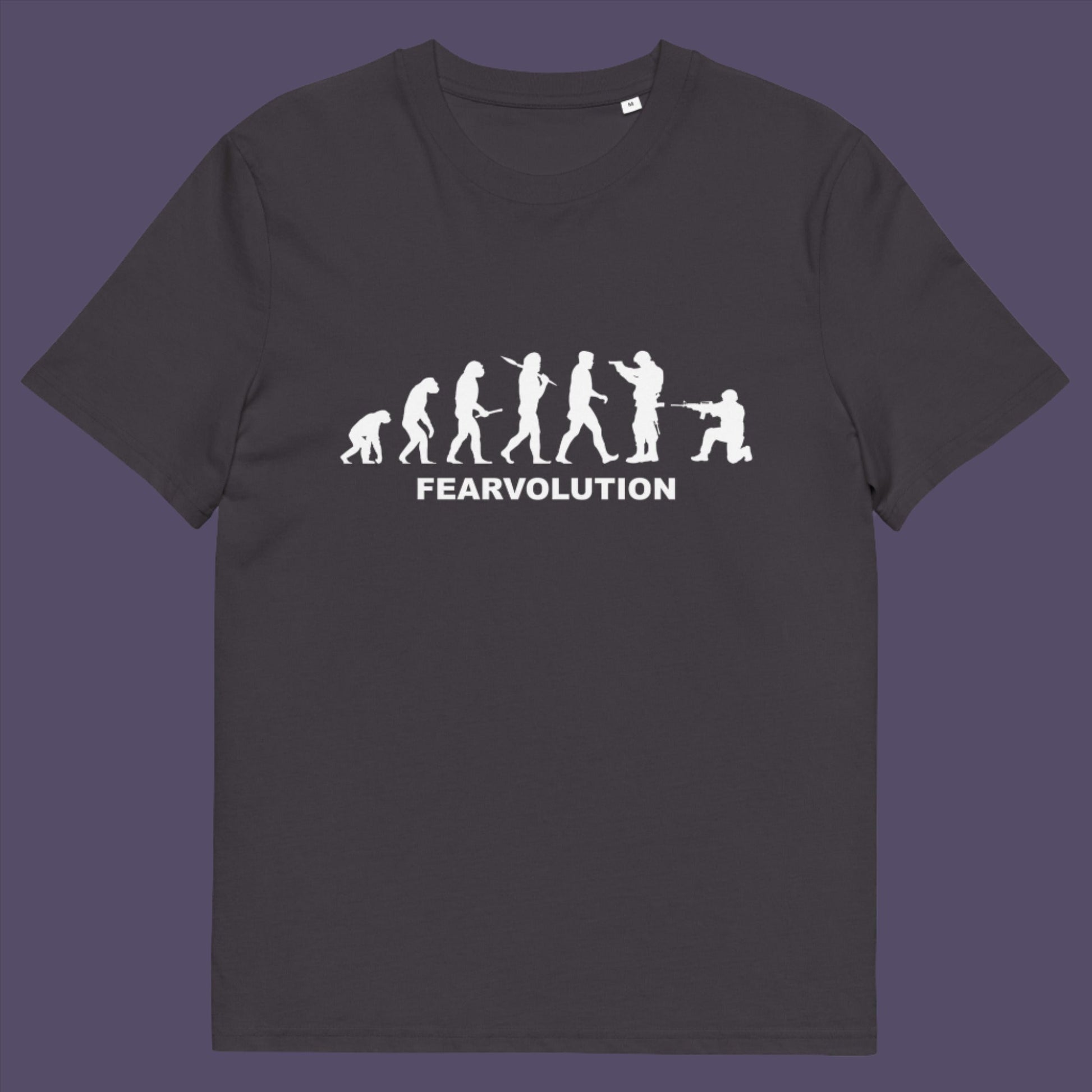 Anthracite t-shirt. This social issues t-shirt displays an alternative view of how we may evolve from here on. Fear is holding us back, fear of change. Made from 100% organic ring-spun cotton, this emotional intelligence t-shirt is unisex, high-quality, super comfy, and best of all, eco-friendly.