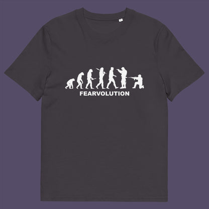 Anthracite t-shirt. This social issues t-shirt displays an alternative view of how we may evolve from here on. Fear is holding us back, fear of change. Made from 100% organic ring-spun cotton, this emotional intelligence t-shirt is unisex, high-quality, super comfy, and best of all, eco-friendly.
