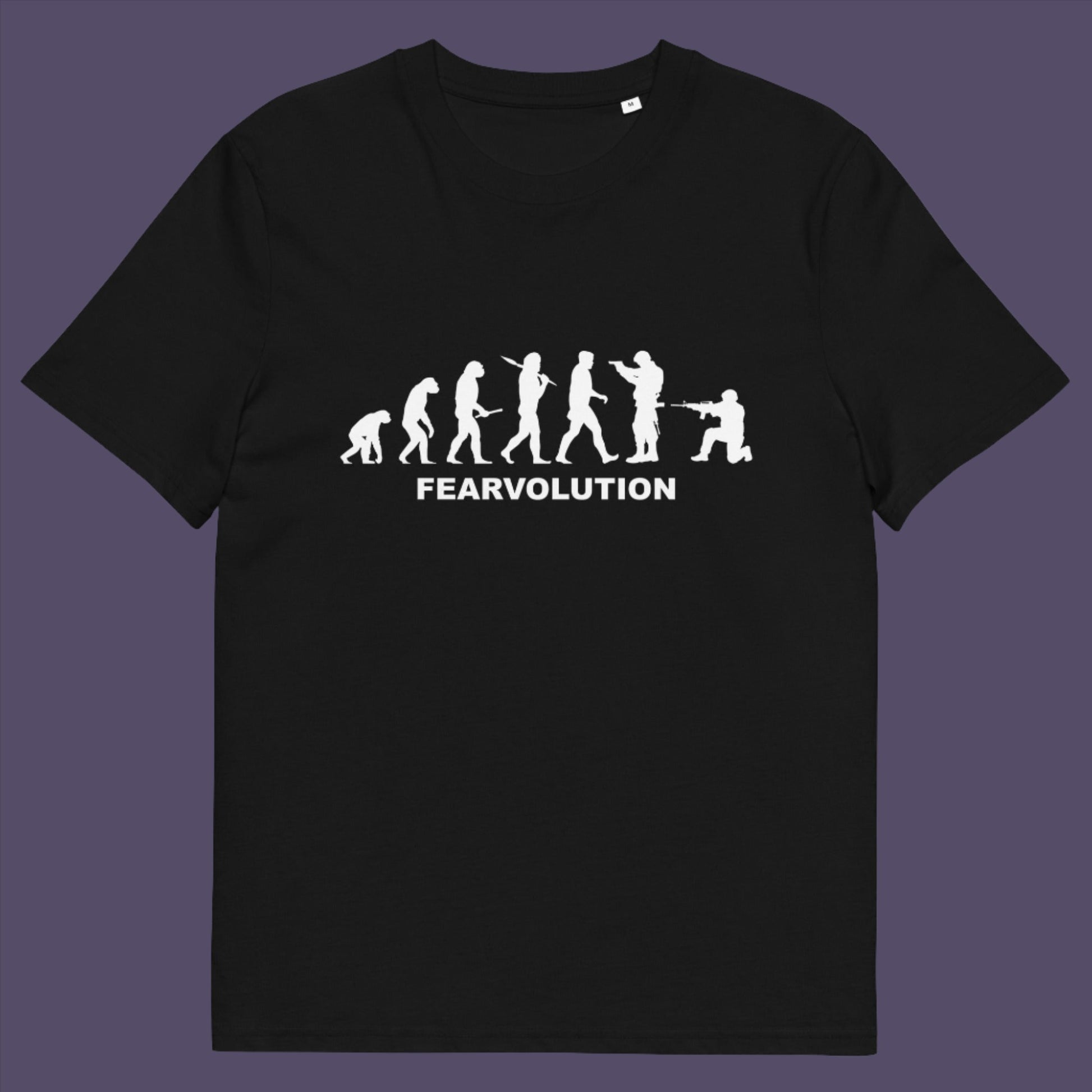 Black t-shirt. This social issues t-shirt displays an alternative view of how we may evolve from here on. Fear is holding us back, fear of change. Made from 100% organic ring-spun cotton, this emotional intelligence t-shirt is unisex, high-quality, super comfy, and best of all, eco-friendly.