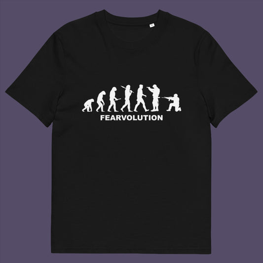 Black t-shirt. This social issues t-shirt displays an alternative view of how we may evolve from here on. Fear is holding us back, fear of change. Made from 100% organic ring-spun cotton, this emotional intelligence t-shirt is unisex, high-quality, super comfy, and best of all, eco-friendly.