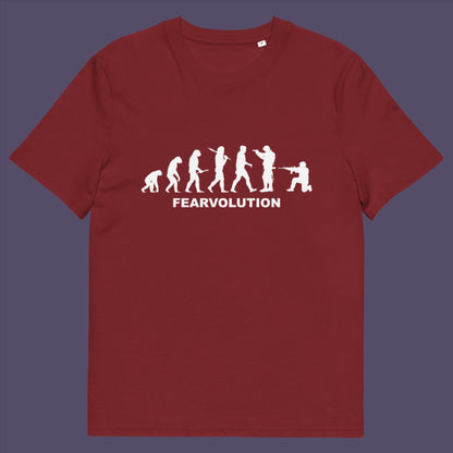 Burgundy t-shirt. This social issues t-shirt displays an alternative view of how we may evolve from here on. Fear is holding us back, fear of change. Made from 100% organic ring-spun cotton, this emotional intelligence t-shirt is unisex, high-quality, super comfy, and best of all, eco-friendly.