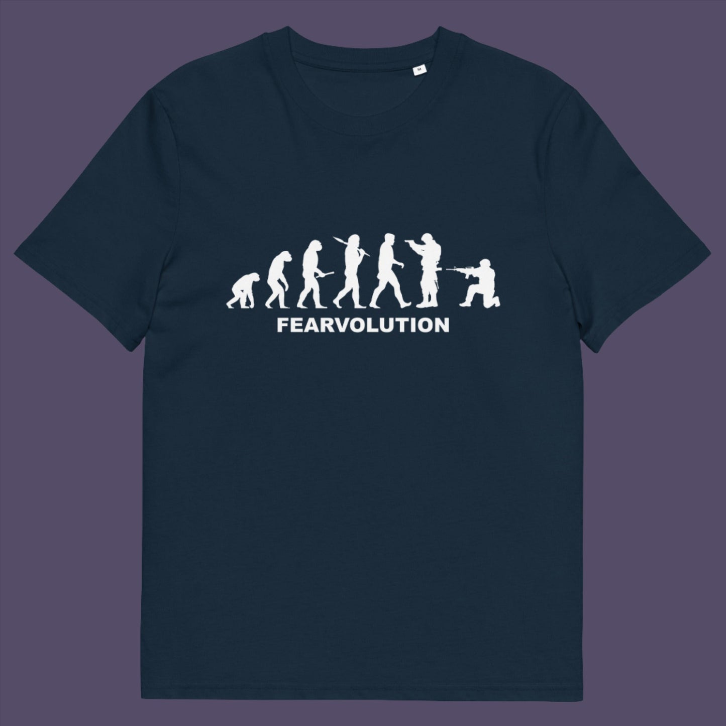 French navy t-shirt. This social issues t-shirt displays an alternative view of how we may evolve from here on. Fear is holding us back, fear of change. Made from 100% organic ring-spun cotton, this emotional intelligence t-shirt is unisex, high-quality, super comfy, and best of all, eco-friendly.