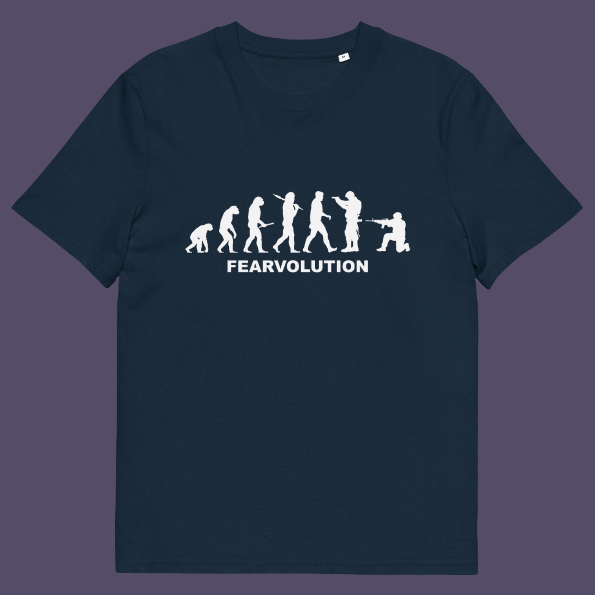 French navy t-shirt. This social issues t-shirt displays an alternative view of how we may evolve from here on. Fear is holding us back, fear of change. Made from 100% organic ring-spun cotton, this emotional intelligence t-shirt is unisex, high-quality, super comfy, and best of all, eco-friendly.