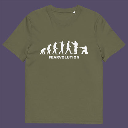 Khaki t-shirt. This social issues t-shirt displays an alternative view of how we may evolve from here on. Fear is holding us back, fear of change. Made from 100% organic ring-spun cotton, this emotional intelligence t-shirt is unisex, high-quality, super comfy, and best of all, eco-friendly.