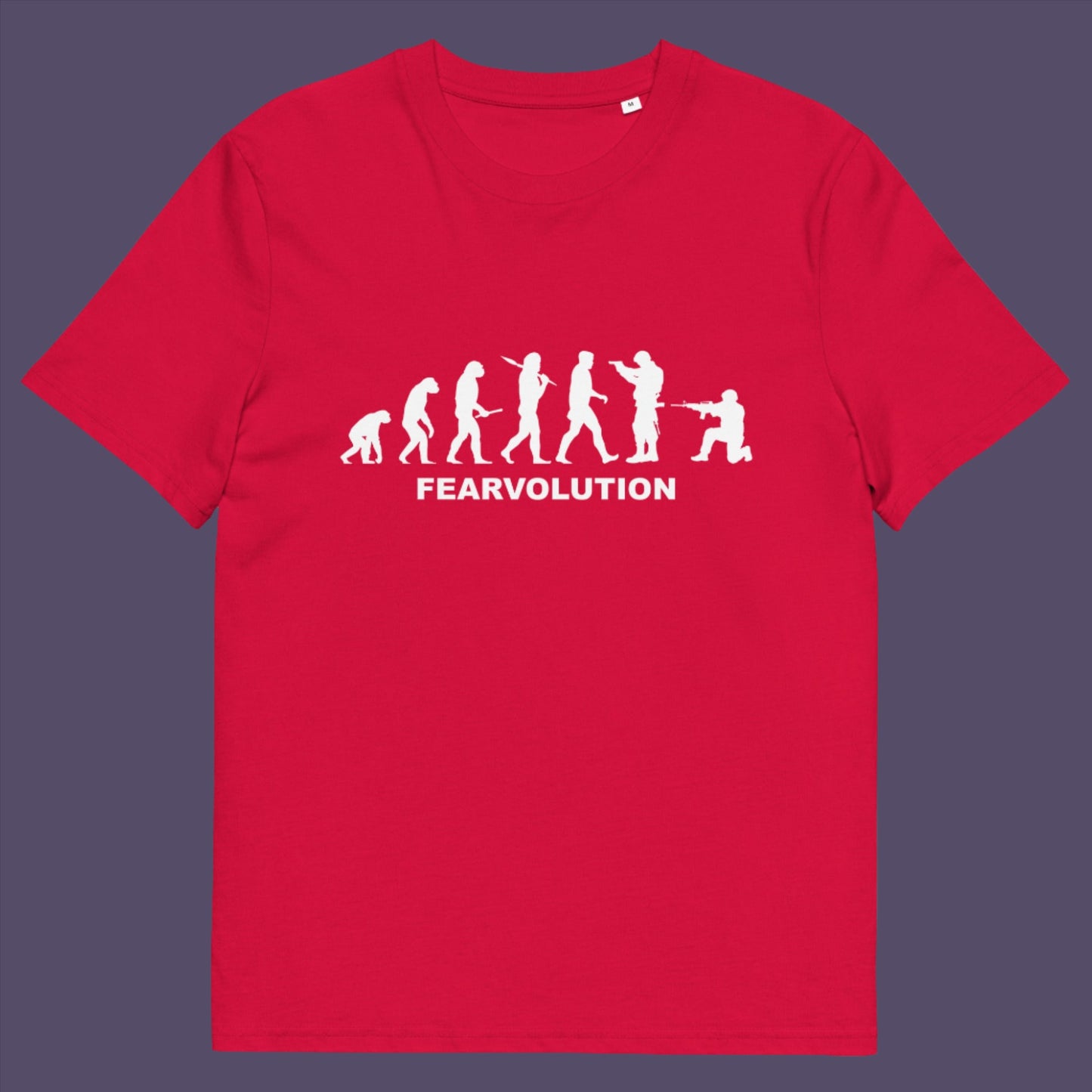 Red t-shirt. This social issues t-shirt displays an alternative view of how we may evolve from here on. Fear is holding us back, fear of change. Made from 100% organic ring-spun cotton, this emotional intelligence t-shirt is unisex, high-quality, super comfy, and best of all, eco-friendly.