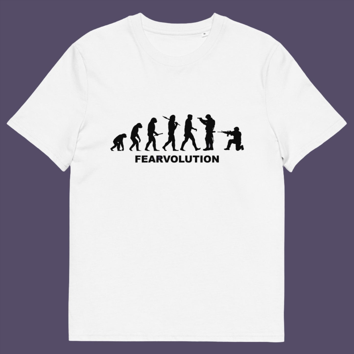White t-shirt. This social issues t-shirt displays an alternative view of how we may evolve from here on. Fear is holding us back, fear of change. Made from 100% organic ring-spun cotton, this emotional intelligence t-shirt is unisex, high-quality, super comfy, and best of all, eco-friendly.