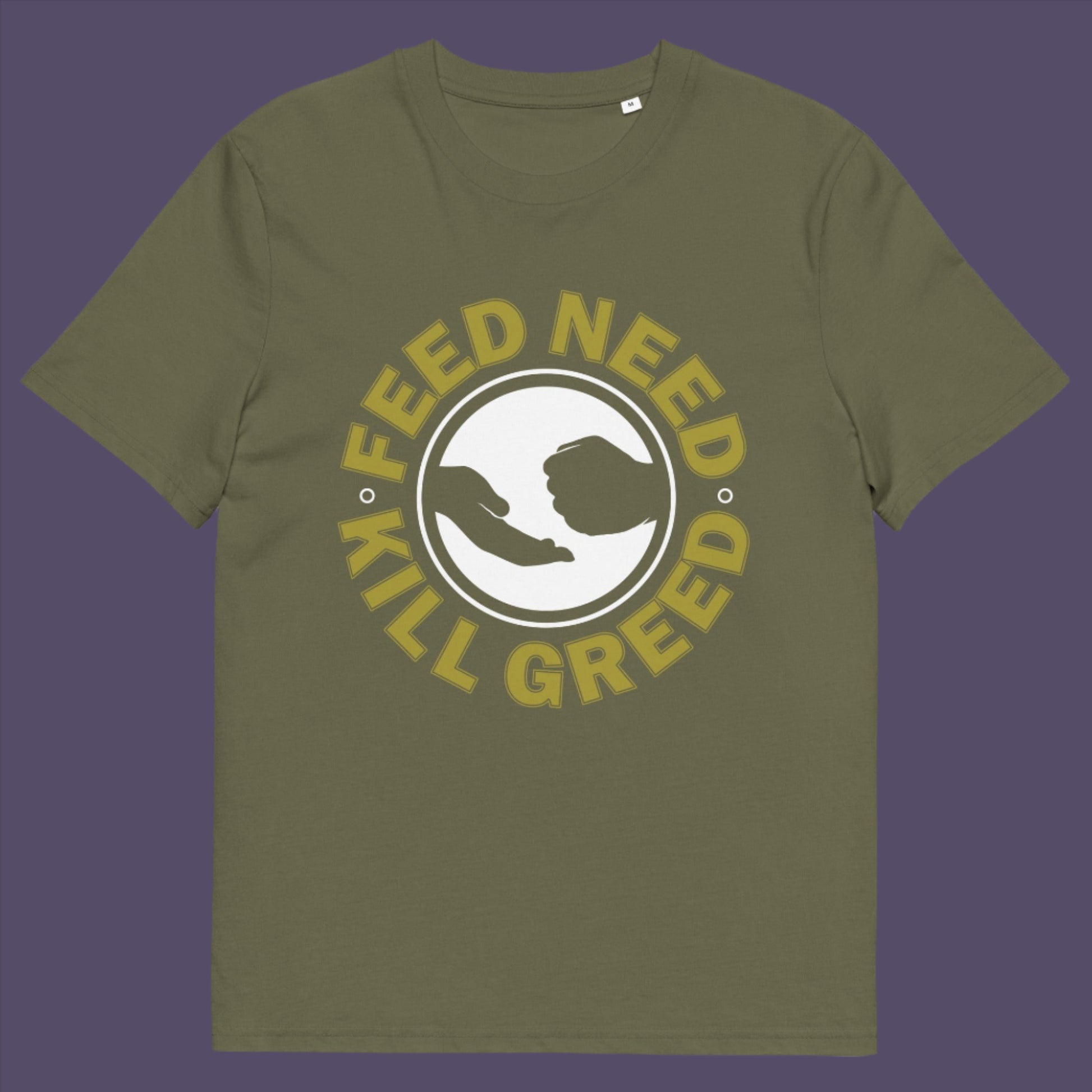 Khaki t-shirt. An anti-greed protest t-shirt. At the root of most political corruption is the concentration of greed over need. Made from 100% organic ring-spun cotton, this political t-shirt is unisex, high-quality, super comfy, and best of all, eco-friendly.