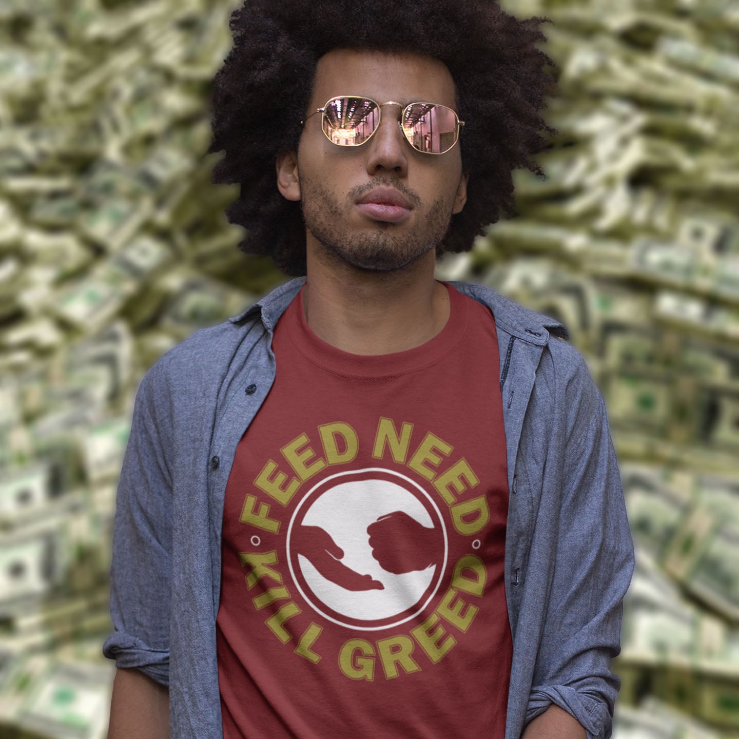 Man wearing a red t-shirt with a message in front of a background of money. An anti government t shirt. At the root of most political corruption is the concentration of greed over need. Made from 100% organic ring-spun cotton, this dystopian t shirt design is unisex, high-quality, super comfy, and best of all, eco-friendly.