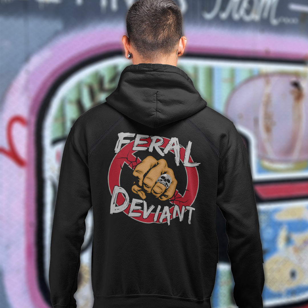 Person wearing a black hoodie with 'Feral Deviant' design on the back. A non conformist hoodie for people who think boundaries stifle creativity, and rules are only guidelines. This alternative, anti establishment hoodie is perfect for any demonstration or protest march of your choice. Comfortable and practical. It's extra soft and has a convenient front pouch pocket. Made from organic cotton and recycled polyester, this street art inspired hoodie is a great eco-friendly choice.