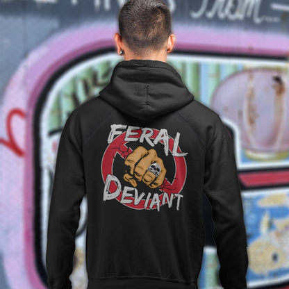 Person wearing a black hoodie with 'Feral Deviant' design on the back. A non conformist hoodie for people who think boundaries stifle creativity, and rules are only guidelines. This alternative, anti establishment hoodie is perfect for any demonstration or protest march of your choice. Comfortable and practical. It's extra soft and has a convenient front pouch pocket. Made from organic cotton and recycled polyester, this street art inspired hoodie is a great eco-friendly choice.