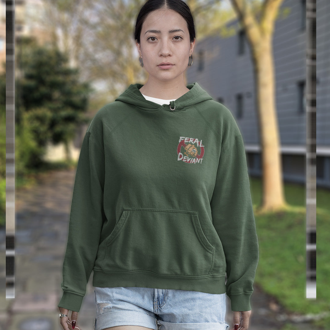 Person wearing a green hoodie with a logo outdoors. A non conformist hoodie for people who think boundaries stifle creativity, and rules are only guidelines. This alternative, anti establishment hoodie is perfect for any demonstration or protest march of your choice. Comfortable and practical. It's extra soft and has a convenient front pouch pocket. Made from organic cotton and recycled polyester, this street art inspired hoodie is a great eco-friendly choice.