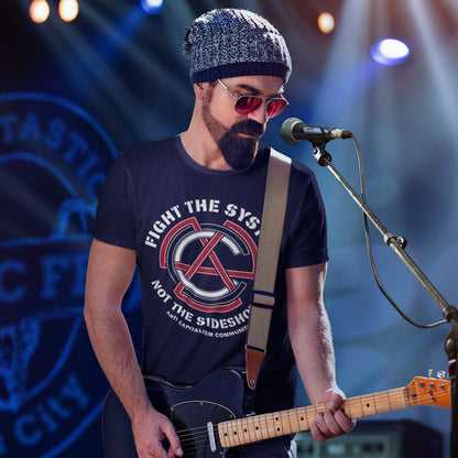 Man playing guitar on stage with microphone and lights. This anti establishment t shirt speaks out against capitalism and warns not to be side tracked by the individual problems created by the overall system. Capitalism is responsible for so many of societies problems, do not accept it. Join our community and be proud to wear the shirt. Made from 100% organic ring-spun cotton, this anti capitalist t shirt is unisex, high-quality, super comfy, and best of all, eco-friendly.