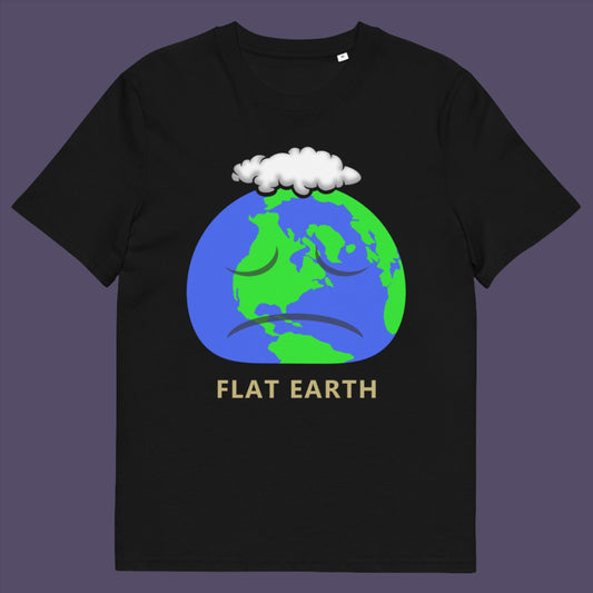 Black t-shirt. This funny conspiracy theory t-shirt plays on the idea of the earth being flat. Could it just be a little bored or depressed. Made from 100% organic ring-spun cotton, this funny flat earth theory t-shirt is unisex, high-quality, super comfy, and best of all, eco-friendly.