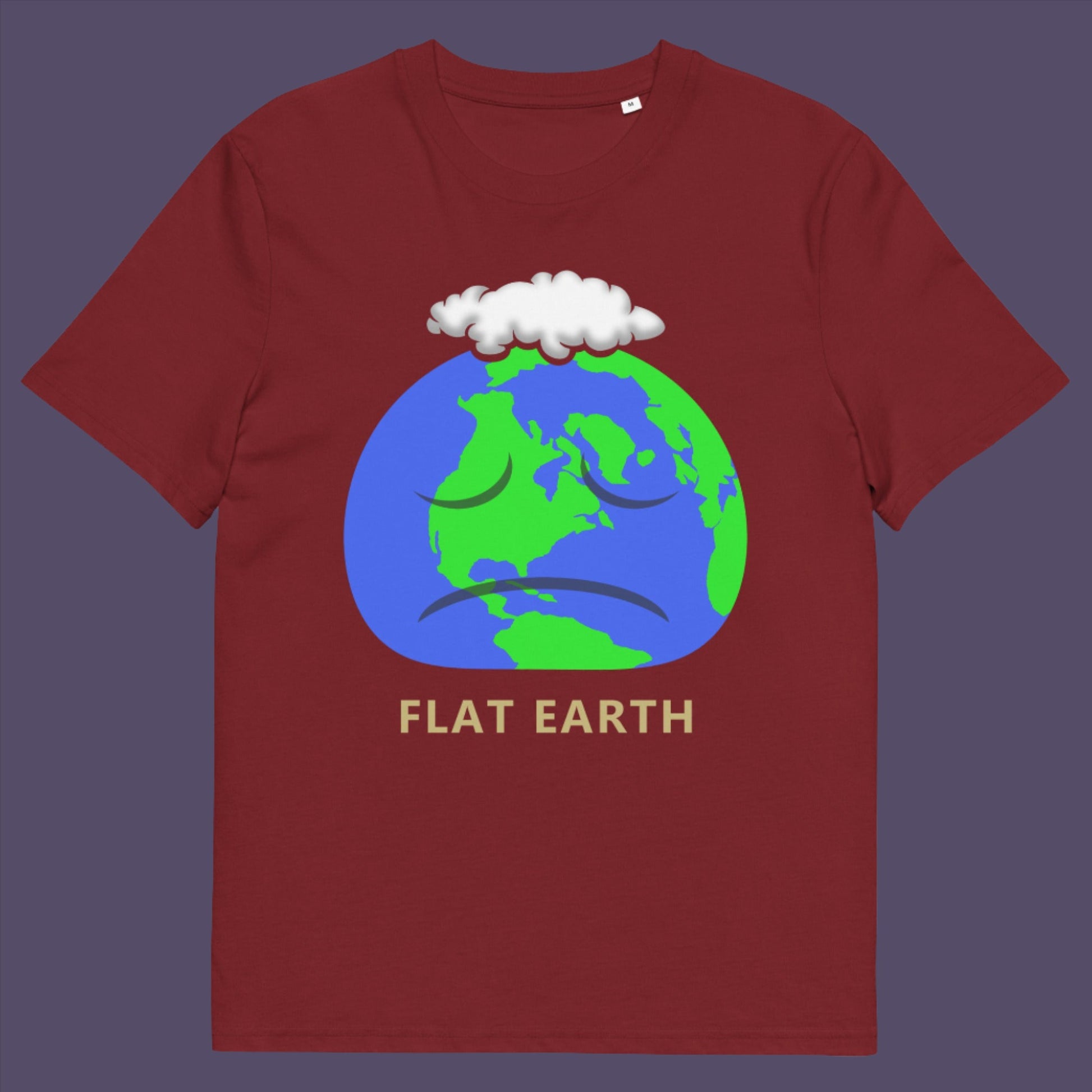 Burgundy t-shirt. This funny conspiracy theory t-shirt plays on the idea of the earth being flat. Could it just be a little bored or depressed. Made from 100% organic ring-spun cotton, this funny flat earth theory t-shirt is unisex, high-quality, super comfy, and best of all, eco-friendly.