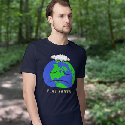 Person wearing a French navy blue t-shirt with a 'Flat Earth' graphic in a forest setting. This funny conspiracy theorist t shirt plays on the idea of the earth being flat. Could it just be a little bored or depressed. Made from 100% organic ring-spun cotton, this funny flat earth conspiracy theory t shirt is unisex, high-quality, super comfy, and best of all, eco-friendly.