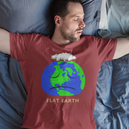 Man wearing a burgundy t-shirt with a 'Flat Earth' design lying in bed. This funny conspiracy theorist t shirt plays on the idea of the earth being flat. Could it just be a little bored or depressed. Made from 100% organic ring-spun cotton, this funny flat earth conspiracy theory t shirt is unisex, high-quality, super comfy, and best of all, eco-friendly.
