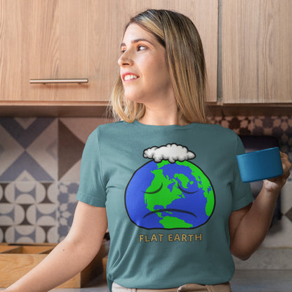 Woman wearing a stargazer t-shirt with a 'Flat Earth' graphic in a kitchen. This funny conspiracy theorist t shirt plays on the idea of the earth being flat. Could it just be a little bored or depressed. Made from 100% organic ring-spun cotton, this funny flat earth conspiracy theory t shirt is unisex, high-quality, super comfy, and best of all, eco-friendly.