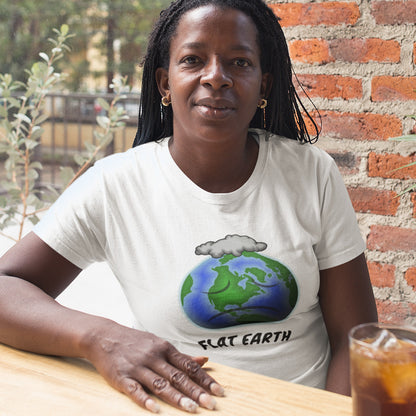 Person wearing a white t-shirt with a 'Flat Earth' graphic sitting at a table. This funny conspiracy theorist t shirt plays on the idea of the earth being flat. Could it just be a little bored or depressed. Made from 100% organic ring-spun cotton, this funny flat earth conspiracy theory t shirt is unisex, high-quality, super comfy, and best of all, eco-friendly.