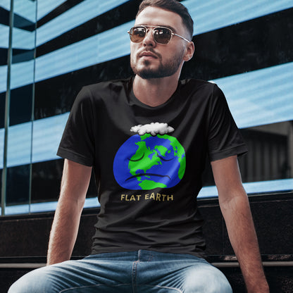Man wearing a black t-shirt with a 'Flat Earth' graphic design sitting in front of a modern building. This funny conspiracy theory t-shirt plays on the idea of the earth being flat. Could it just be a little bored or depressed. Made from 100% organic ring-spun cotton, this funny flat earth theory t-shirt is unisex, high-quality, super comfy, and best of all, eco-friendly.