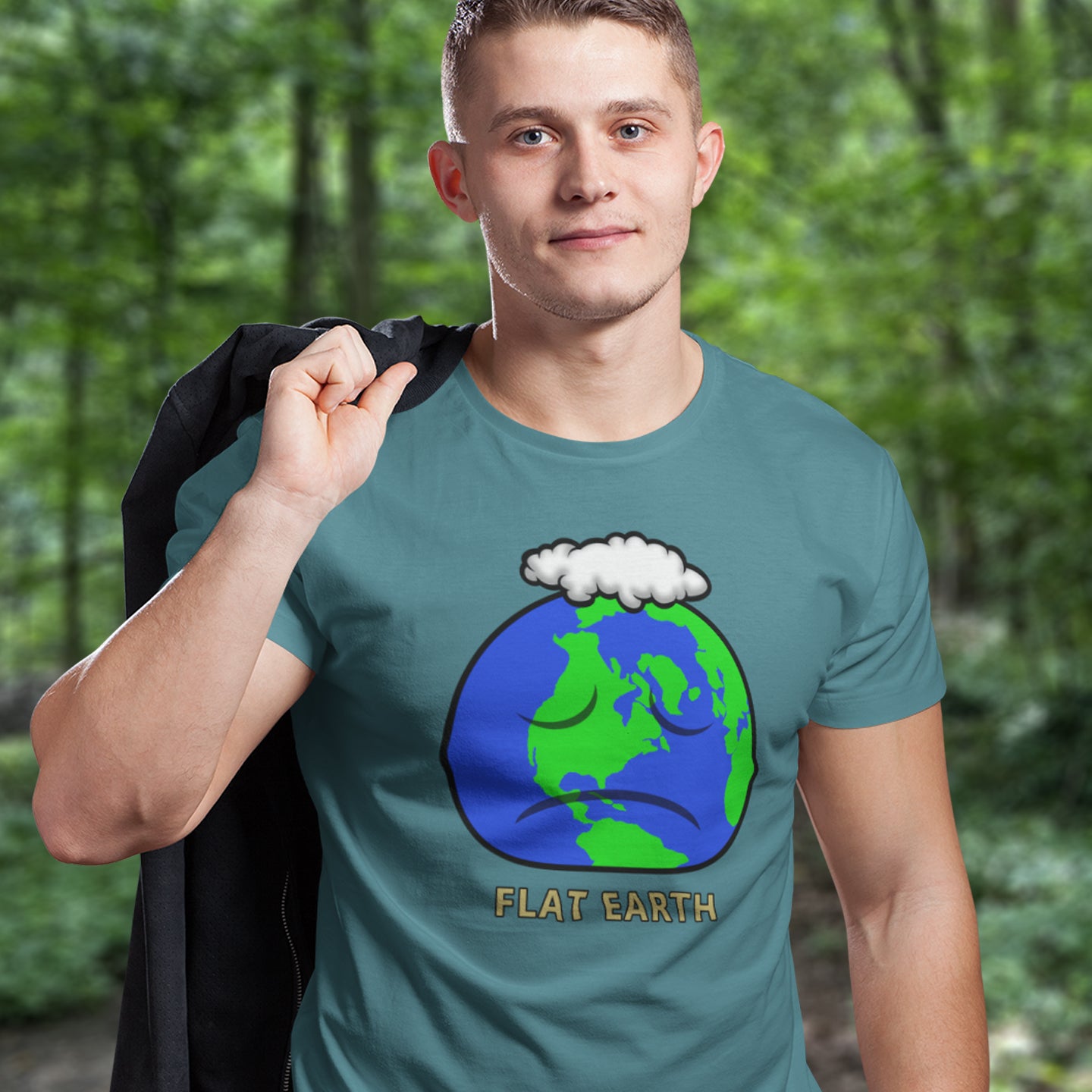 Person wearing a t-shirt with a 'Flat Earth' graphic in a forest setting. This funny conspiracy theory t-shirt plays on the idea of the earth being flat. Could it just be a little bored or depressed. Made from 100% organic ring-spun cotton, this funny flat earth theory t-shirt is unisex, high-quality, super comfy, and best of all, eco-friendly.