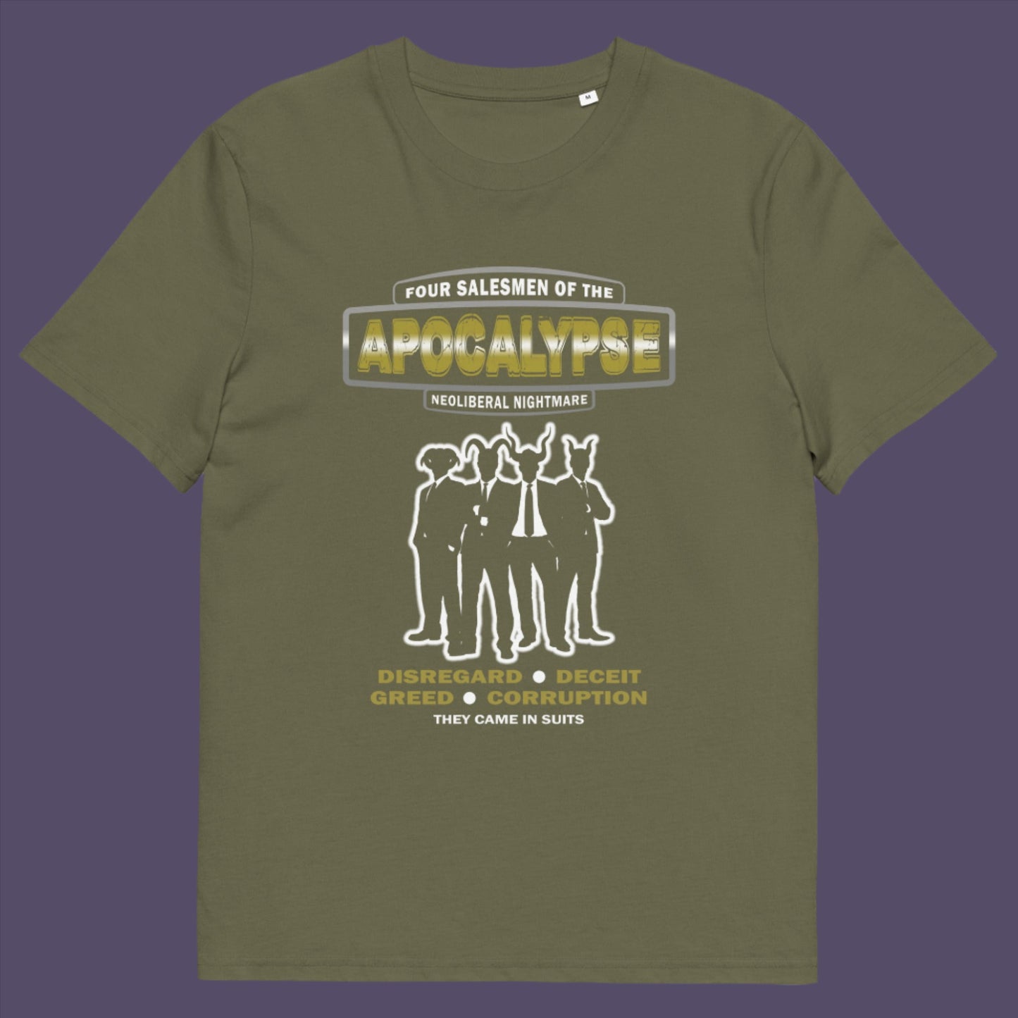 Khaki t-shirt. A political t-shirt with a biblical undertone. A satirical design looking at how neoliberalism could bring on the downfall of civilised society and the form it will take. Made from 100% organic ring-spun cotton, this unisex political t-shirt is a total must-have. It's high-quality, super comfy, and best of all—eco-friendly.