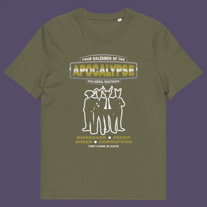 Khaki t-shirt. An anti capitalism t shirt with a biblical undertone. A satirical design looking at how neoliberalism could bring on the downfall of civilised society and the form it will take. Made from 100% organic ring-spun cotton, this non conformist t shirt is a total must-have. It's high-quality, super comfy, and best of all—eco-friendly.