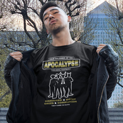 Person wearing a black t-shirt with graphic design and text outdoors. An anti capitalism t shirt with a biblical undertone. A satirical design looking at how neoliberalism could bring on the downfall of civilised society and the form it will take. Made from 100% organic ring-spun cotton, this non conformist t shirt is a total must-have. It's high-quality, super comfy, and best of all—eco-friendly.