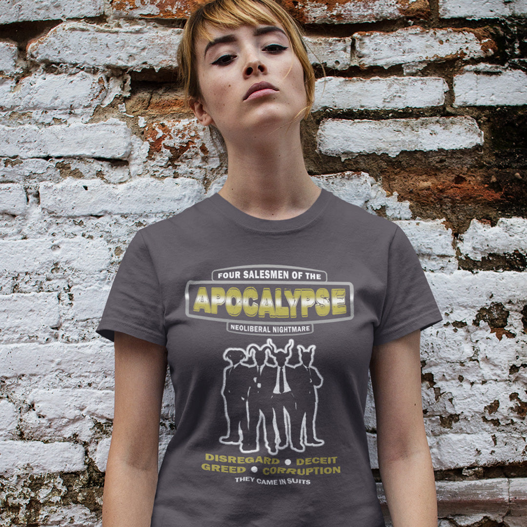 Person wearing a t-shirt with graphic design and text against a textured brick wall. An anti capitalism t shirt with a biblical undertone. A satirical design looking at how neoliberalism and it's hidden inequalities could bring on the downfall of civilised society and the form it will take. Made from 100% organic ring-spun cotton, this non conformist t shirt is a total must-have. It's high-quality, super comfy, and best of all, eco-friendly.