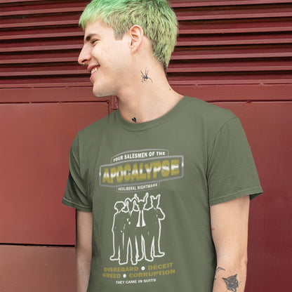 Person wearing a khaki t-shirt with graphic design and text, standing against a red background. An anti capitalism t shirt with a biblical undertone. A satirical design looking at how neoliberalism could bring on the downfall of civilised society and the form it will take. Made from 100% organic ring-spun cotton, this non conformist t shirt is a total must-have. It's high-quality, super comfy, and best of all—eco-friendly.