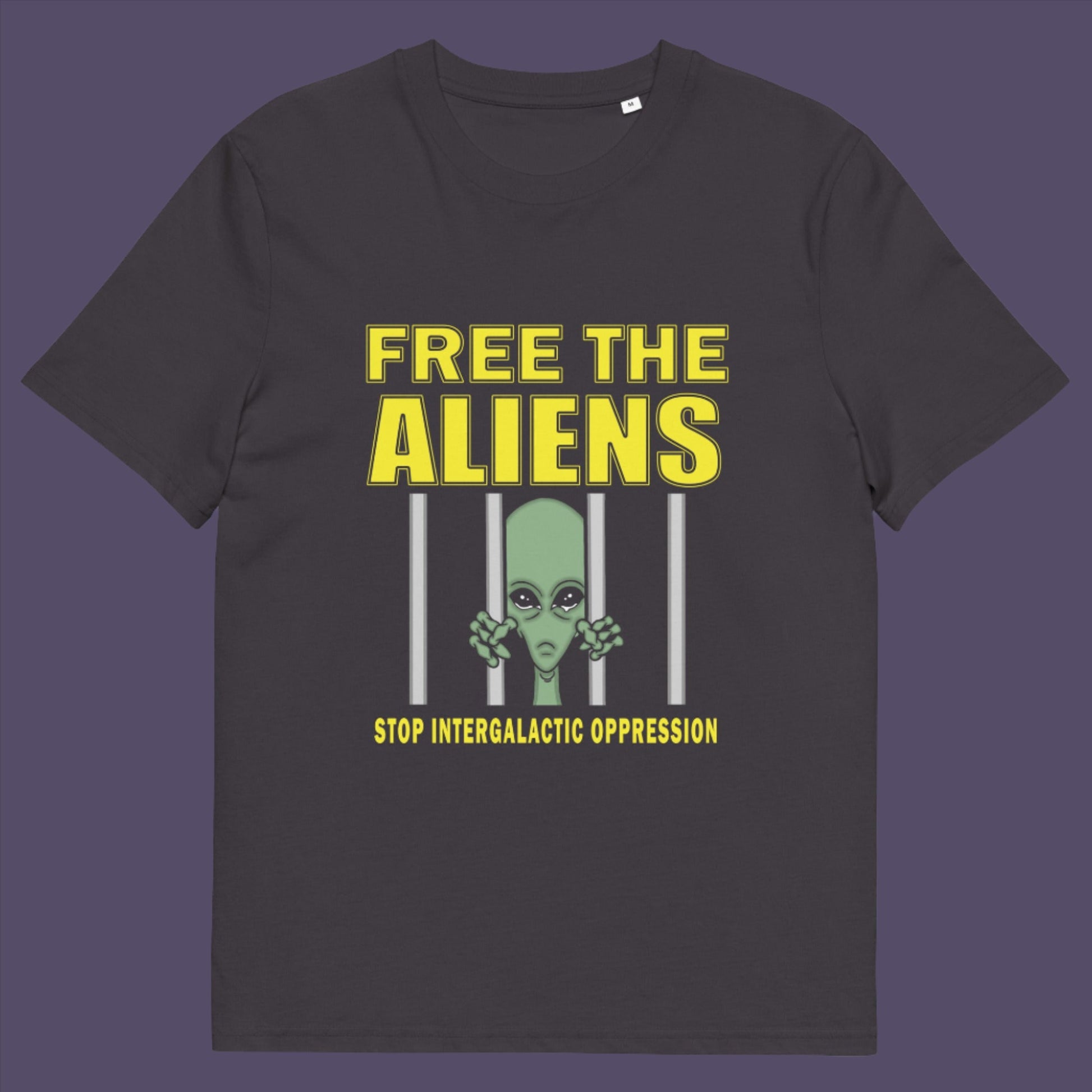 Anthracite t-shirt. This funny alien t shirt alludes to there being more than just UFO crashes that we are not being told about. With all these alien sightings they must detaining them somewhere ! Made from 100% organic ring-spun cotton, this conspiracy theory t shirt is unisex, high-quality, super comfy, and best of all, eco-friendly.