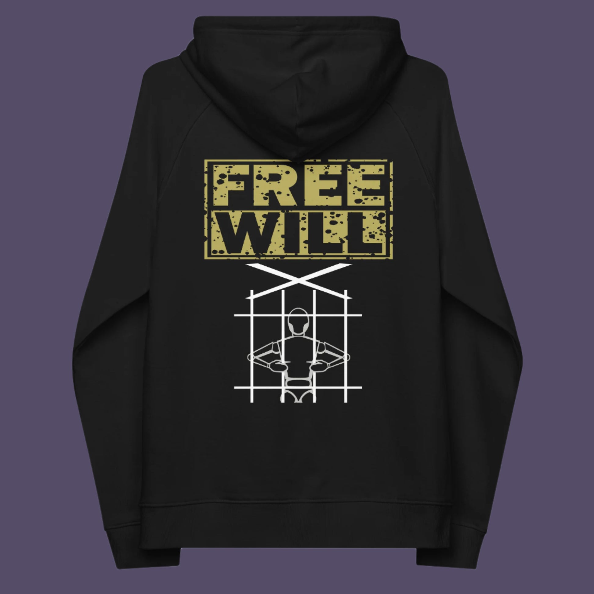 Black hoodie back. An alternative graphic hoodie design to promote independent thought and self awareness. If you are feeling overwhelmed by influence, join the 'free will' movement. Comfortable and practical. It's extra soft and has a convenient front pouch pocket. Made from organic cotton and recycled polyester, this social awareness hoodie is a great eco-friendly choice.
