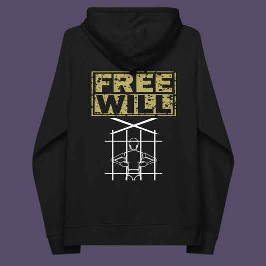 Black hoodie back. An alternative graphic hoodie design to promote independent thought and self awareness. If you are feeling overwhelmed by influence, join the 'free will' movement. Comfortable and practical. It's extra soft and has a convenient front pouch pocket. Made from organic cotton and recycled polyester, this social awareness hoodie is a great eco-friendly choice.