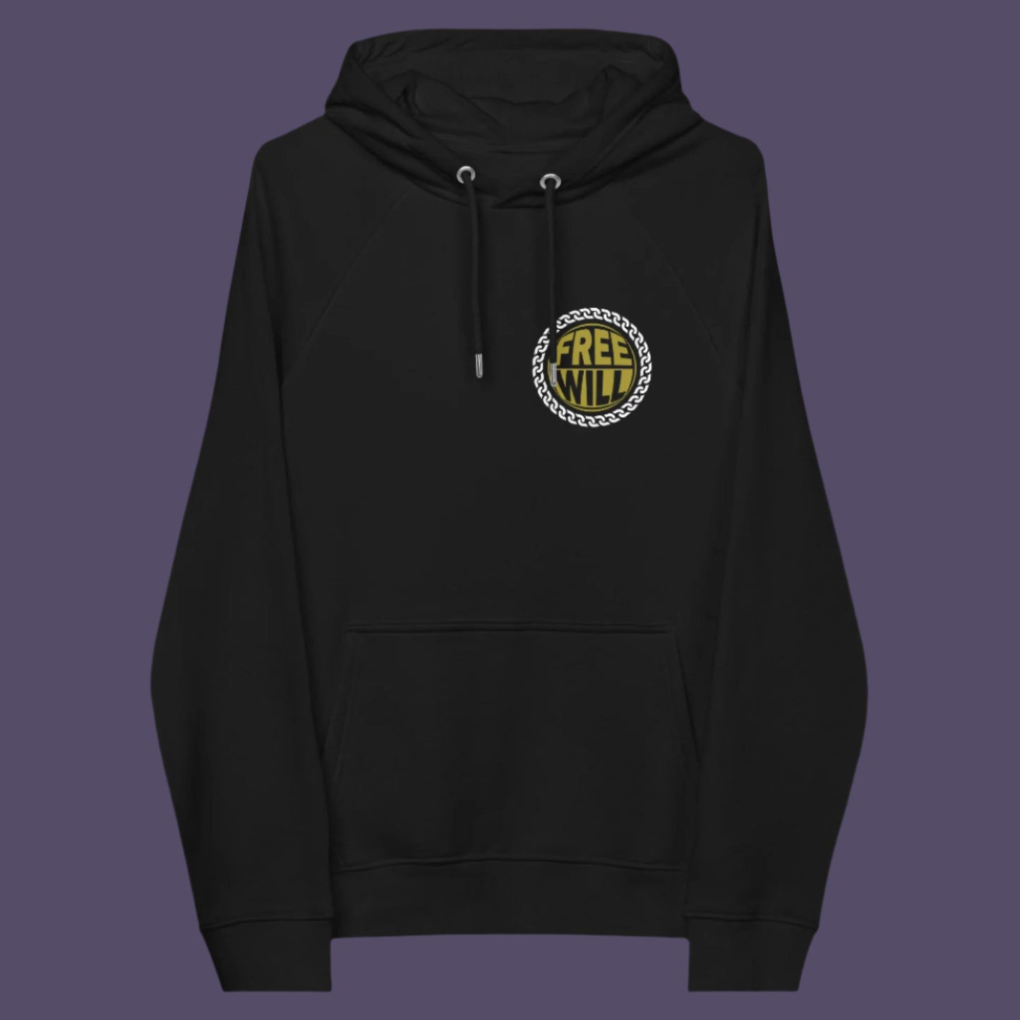 Black hoodie front. An alternative graphic hoodie design to promote independent thought and self awareness. If you are feeling overwhelmed by influence, join the 'free will' movement. Comfortable and practical. It's extra soft and has a convenient front pouch pocket. Made from organic cotton and recycled polyester, this social awareness hoodie is a great eco-friendly choice.