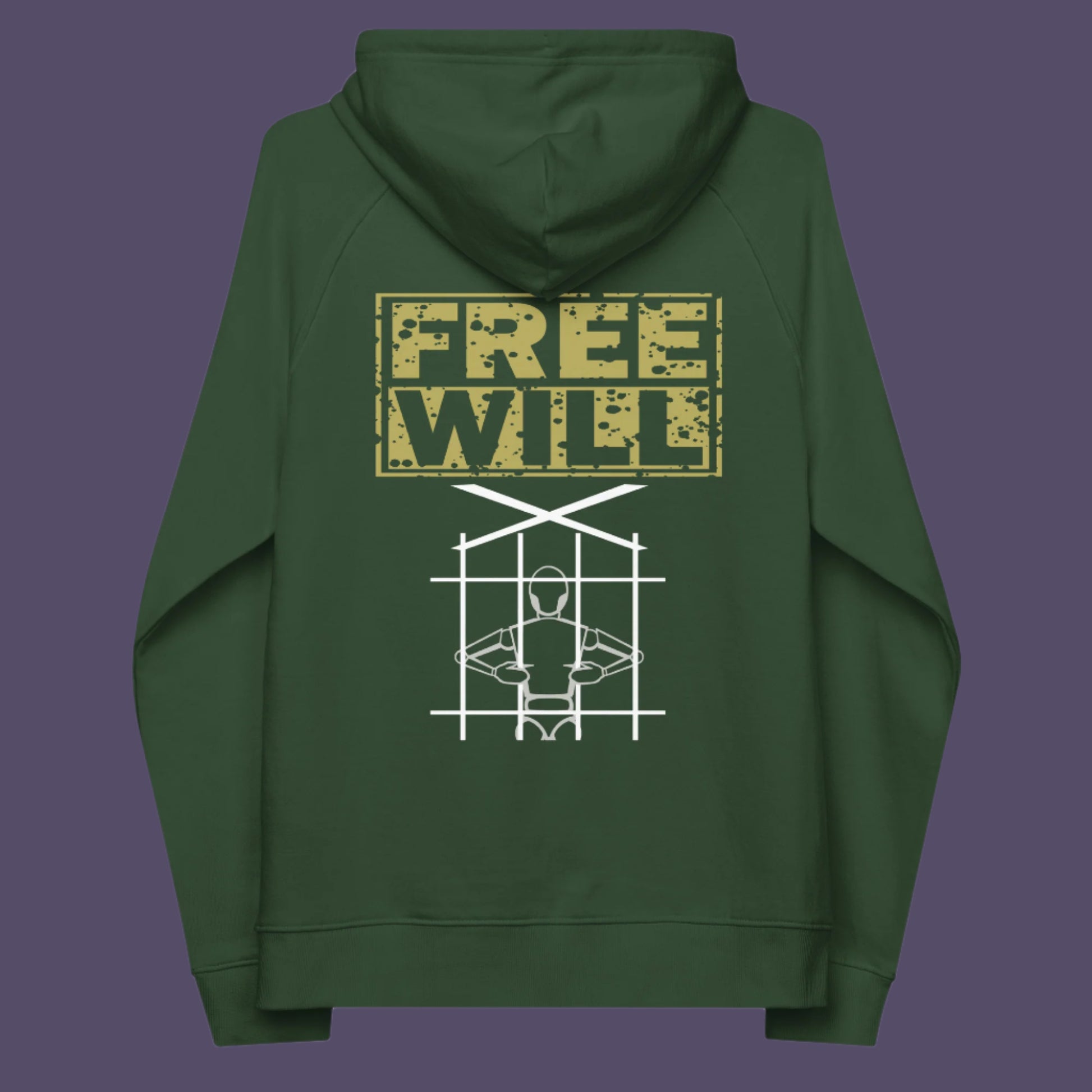 Bottle green hoodie back. An alternative graphic hoodie design to promote independent thought and self awareness. If you are feeling overwhelmed by influence, join the 'free will' movement. Comfortable and practical. It's extra soft and has a convenient front pouch pocket. Made from organic cotton and recycled polyester, this social awareness hoodie is a great eco-friendly choice.