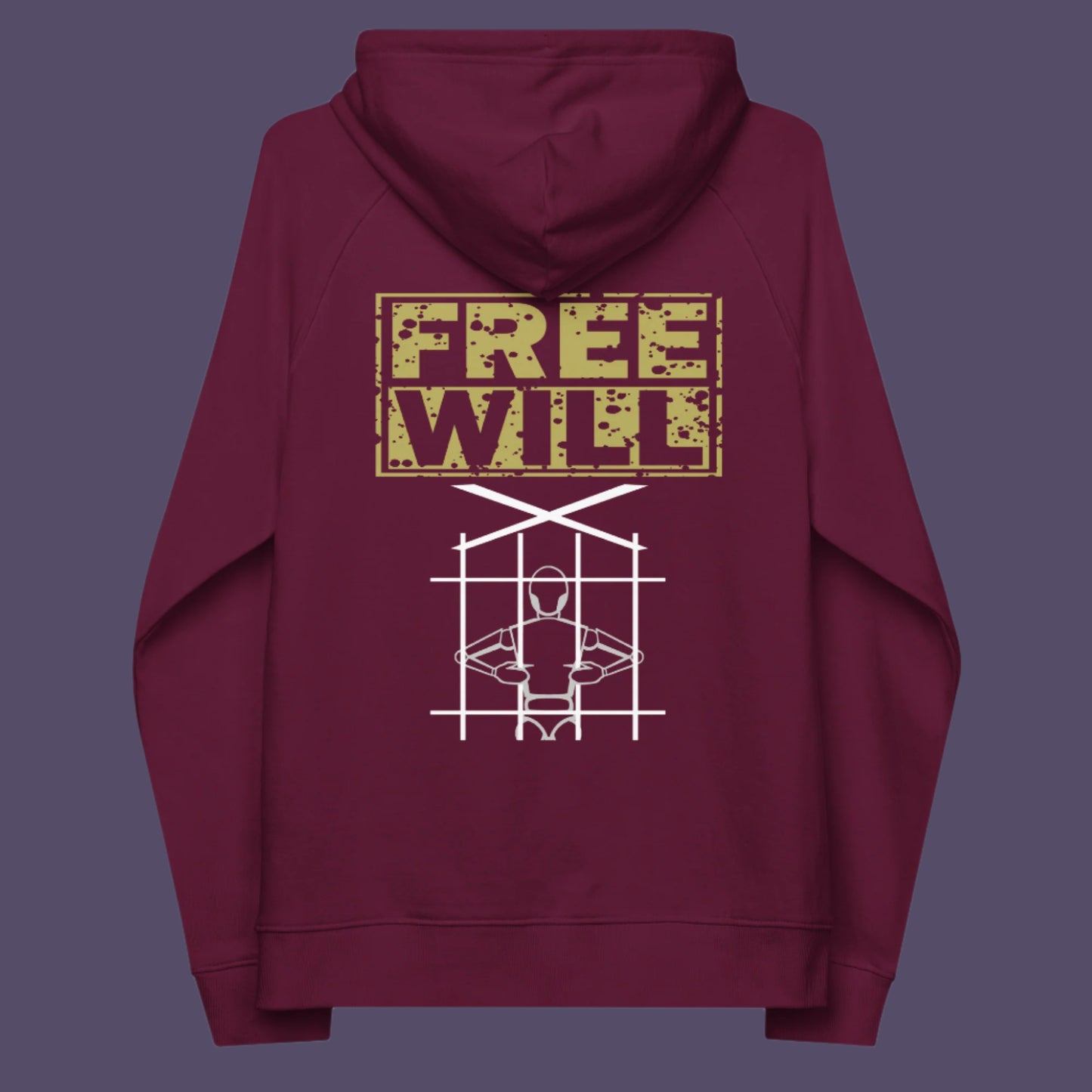 Burgundy hoodie back. An alternative graphic hoodie design to promote independent thought and self awareness. If you are feeling overwhelmed by influence, join the 'free will' movement. Comfortable and practical. It's extra soft and has a convenient front pouch pocket. Made from organic cotton and recycled polyester, this social awareness hoodie is a great eco-friendly choice.
