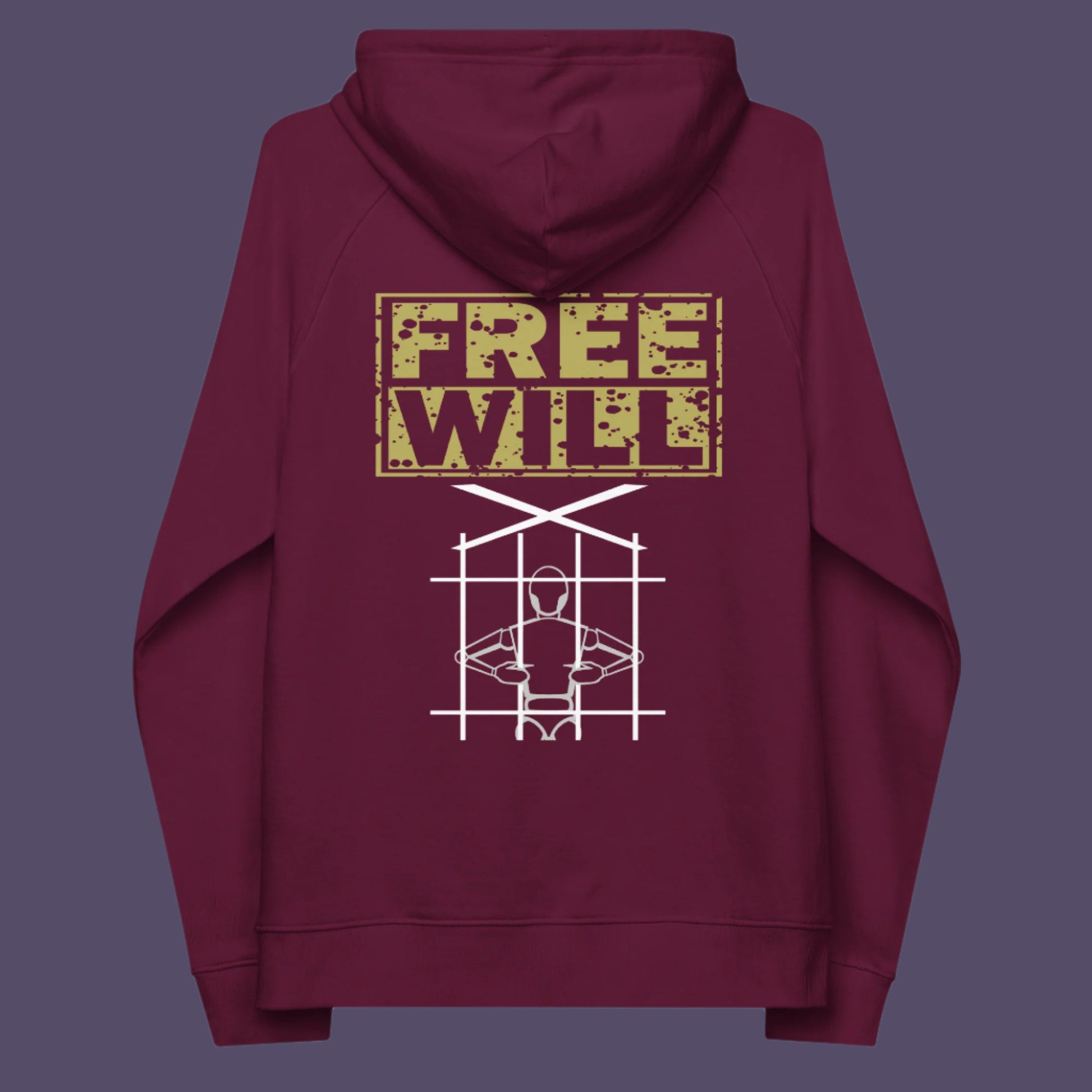Burgundy hoodie back. An alternative graphic hoodie design to promote independent thought and self awareness. If you are feeling overwhelmed by influence, join the 'free will' movement. Comfortable and practical. It's extra soft and has a convenient front pouch pocket. Made from organic cotton and recycled polyester, this social awareness hoodie is a great eco-friendly choice.