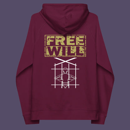 Burgundy hoodie back. An alternative graphic hoodie design to promote independent thought and self awareness. If you are feeling overwhelmed by influence, join the 'free will' movement. Comfortable and practical. It's extra soft and has a convenient front pouch pocket. Made from organic cotton and recycled polyester, this social awareness hoodie is a great eco-friendly choice.