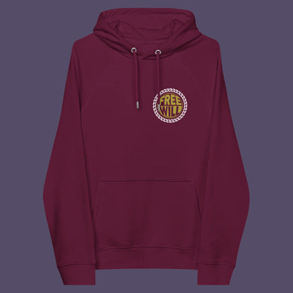 Burgundy hoodie front. An alternative graphic hoodie design to promote independent thought and self awareness. If you are feeling overwhelmed by influence, join the 'free will' movement. Comfortable and practical. It's extra soft and has a convenient front pouch pocket. Made from organic cotton and recycled polyester, this social awareness hoodie is a great eco-friendly choice.