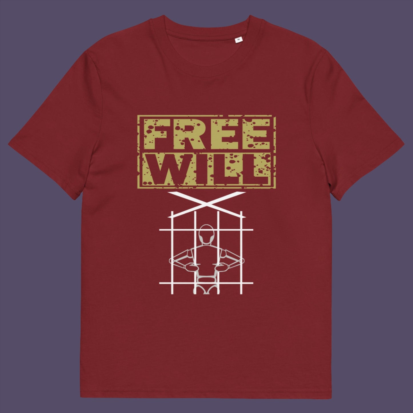 Burgundy t shirt. A civil liberties t shirt design to promote independent thought and self awareness. If you are feeling overwhelmed by influence, join the 'free will' movement. Made from 100% organic ring-spun cotton, this social awareness t-shirt is unisex, high-quality, super comfy, and best of all, eco-friendly.