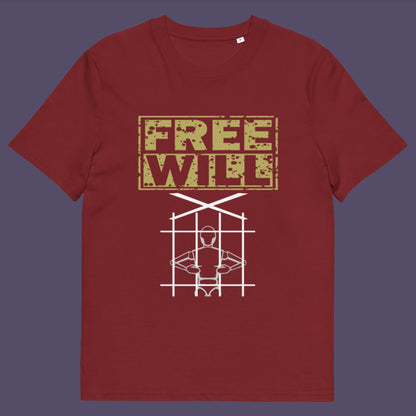 Burgundy t shirt. A civil liberties t shirt design to promote independent thought and self awareness. If you are feeling overwhelmed by influence, join the 'free will' movement. Made from 100% organic ring-spun cotton, this social awareness t-shirt is unisex, high-quality, super comfy, and best of all, eco-friendly.