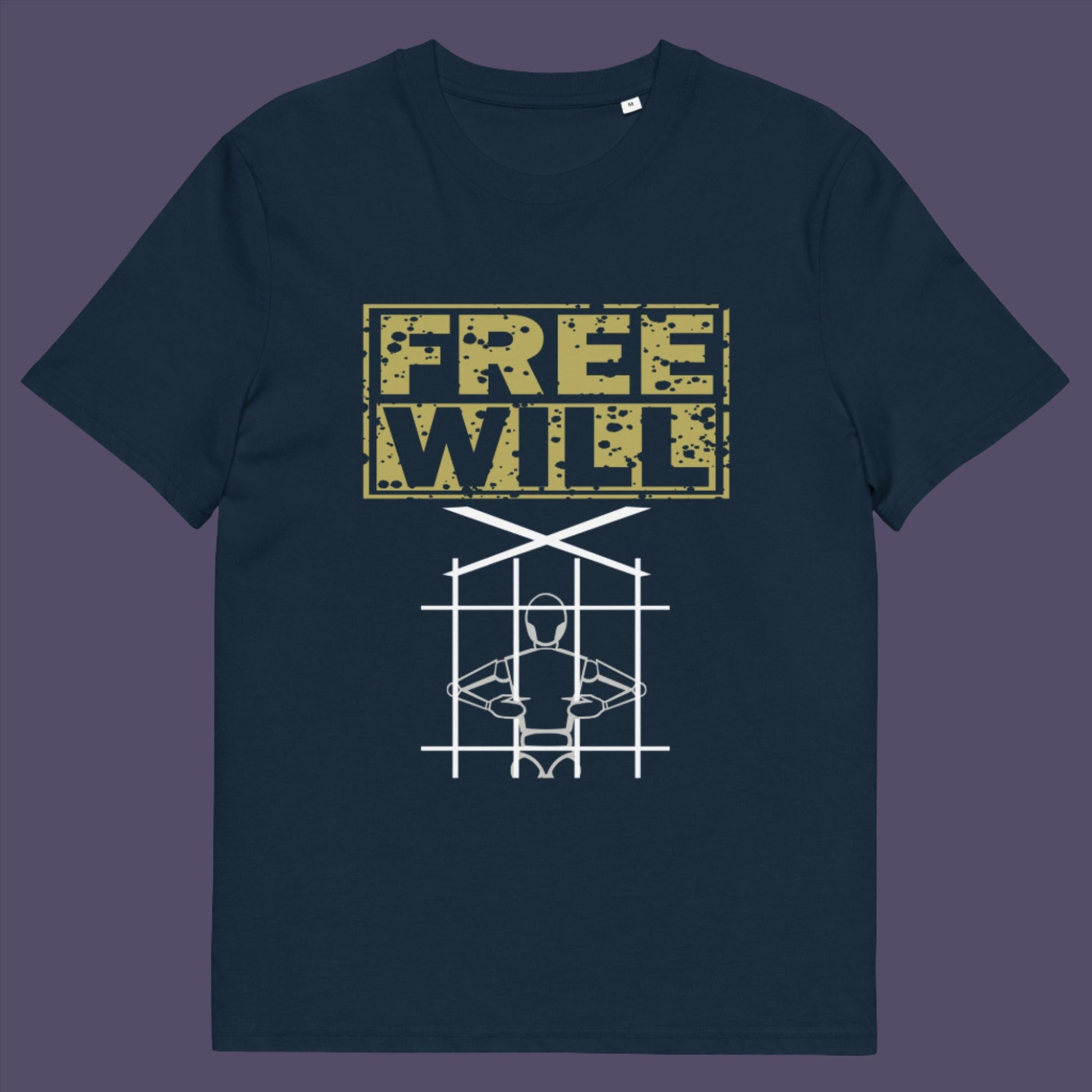French navy t shirt. A civil liberties t shirt design to promote independent thought and self awareness. If you are feeling overwhelmed by influence, join the 'free will' movement. Made from 100% organic ring-spun cotton, this social awareness t-shirt is unisex, high-quality, super comfy, and best of all, eco-friendly.