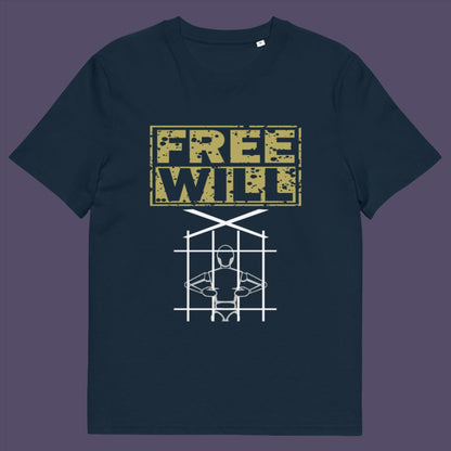 French navy t shirt. A civil liberties t shirt design to promote independent thought and self awareness. If you are feeling overwhelmed by influence, join the 'free will' movement. Made from 100% organic ring-spun cotton, this social awareness t-shirt is unisex, high-quality, super comfy, and best of all, eco-friendly.
