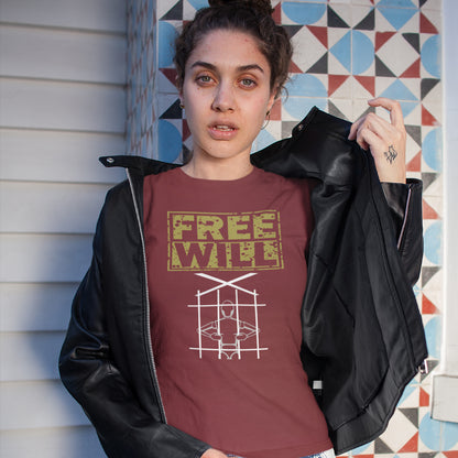 A woman holding her jacket open and wearing a burgundy t-shirt with "FREE WILL" text above a puppet in prison.